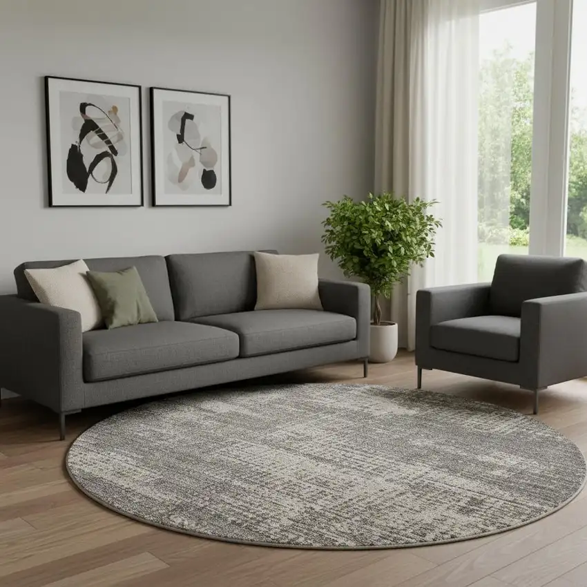 8' Gray Abstract Round Rug Photo 1
