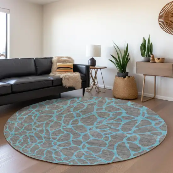 8' Gray And Aqua Geometric Washable Round Rug With UV Protection Photo 3
