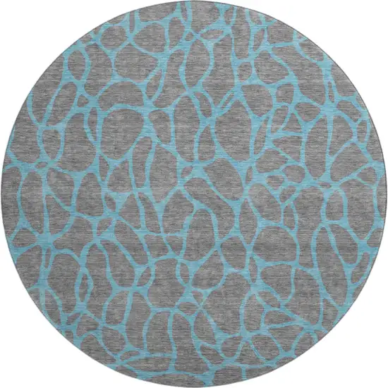 8' Gray And Aqua Geometric Washable Round Rug With UV Protection Photo 1