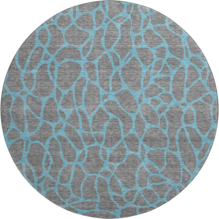 8' Gray And Aqua Geometric Washable Round Rug With UV Protection Photo 1