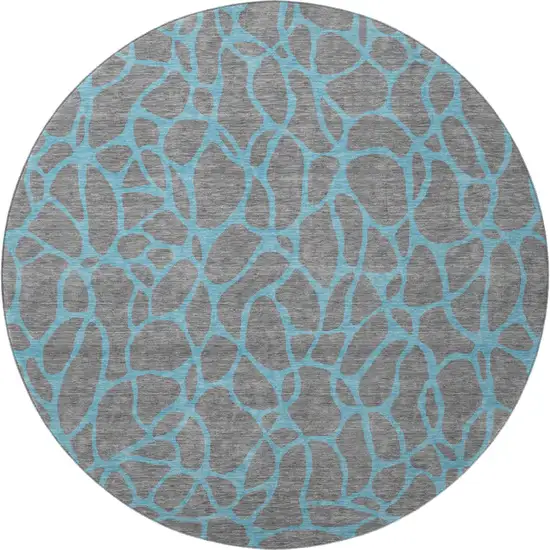 8' Gray And Aqua Geometric Washable Round Rug With UV Protection Photo 2