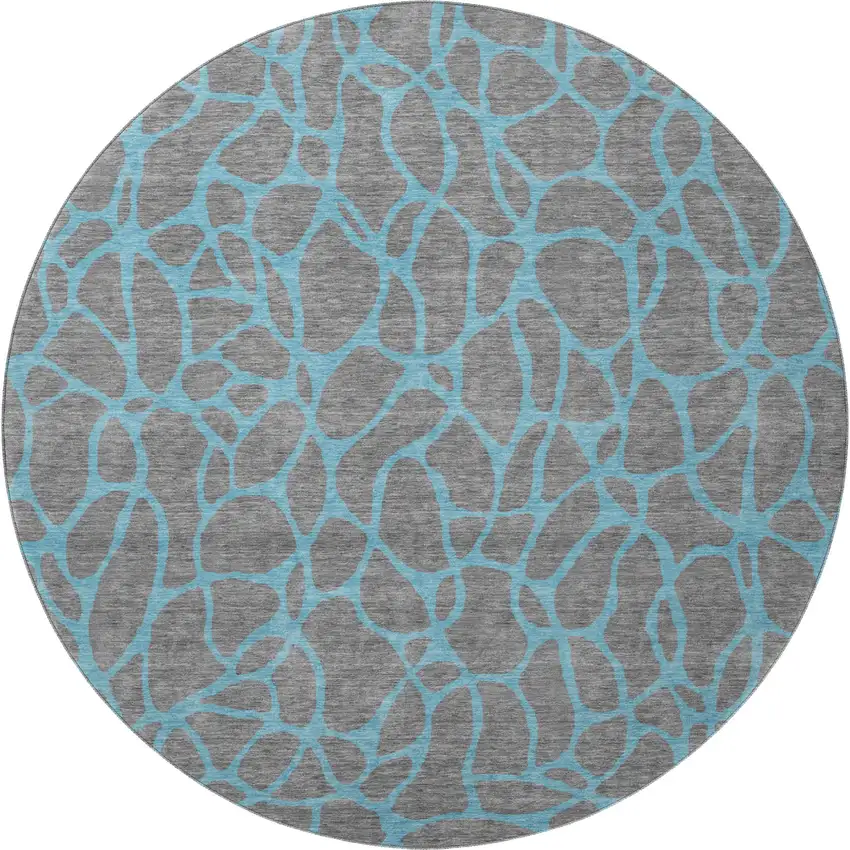 8' Gray And Aqua Geometric Washable Round Rug With UV Protection Photo 2