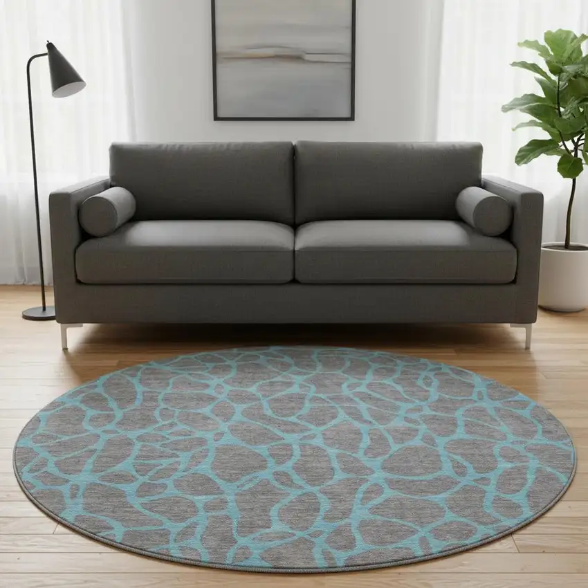8' Gray And Aqua Geometric Washable Round Rug With UV Protection Photo 2