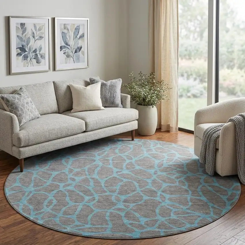 8' Gray And Aqua Geometric Washable Round Rug With UV Protection Photo 1
