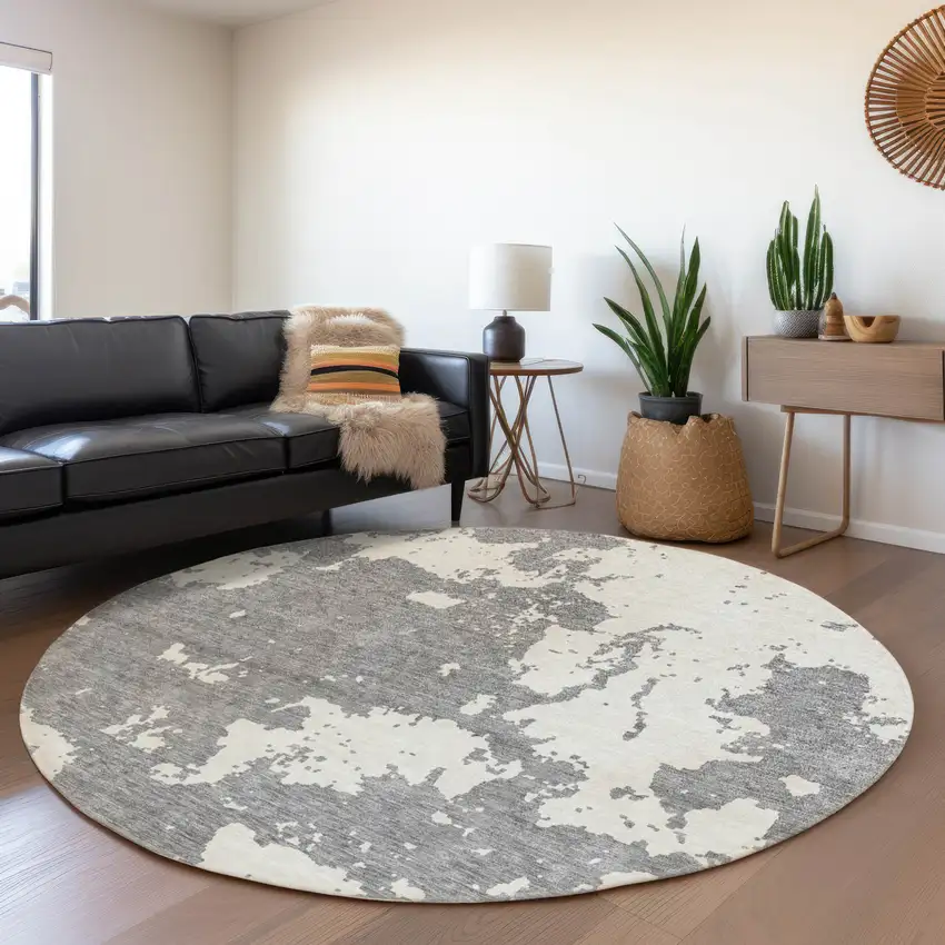 8' Gray And Beige Abstract Washable Round Rug With UV Protection Photo 5