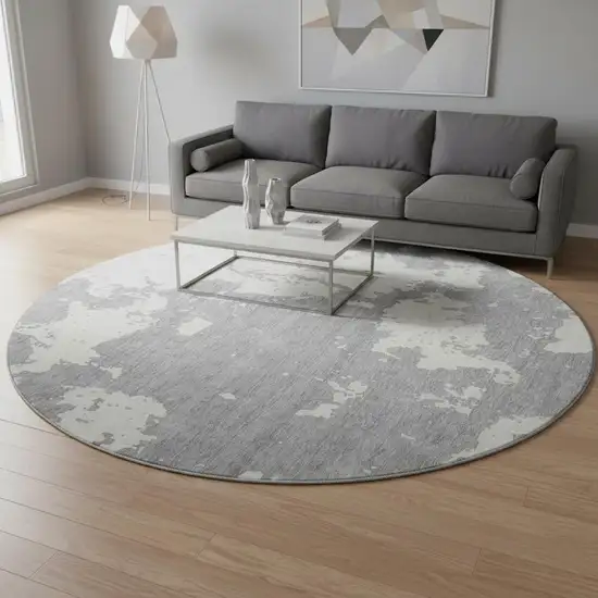 8' Gray And Beige Abstract Washable Round Rug With UV Protection Photo 2