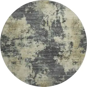Photo of 8' Gray And Beige Abstract Washable Round Rug With UV Protection