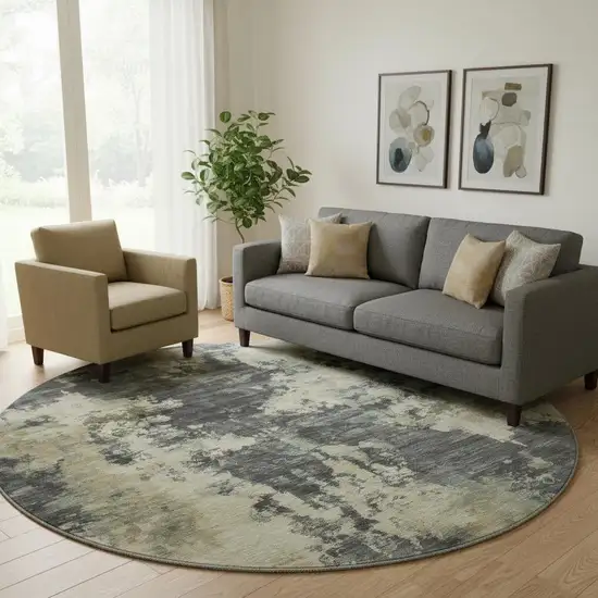 8' Gray And Beige Abstract Washable Round Rug With UV Protection Photo 2