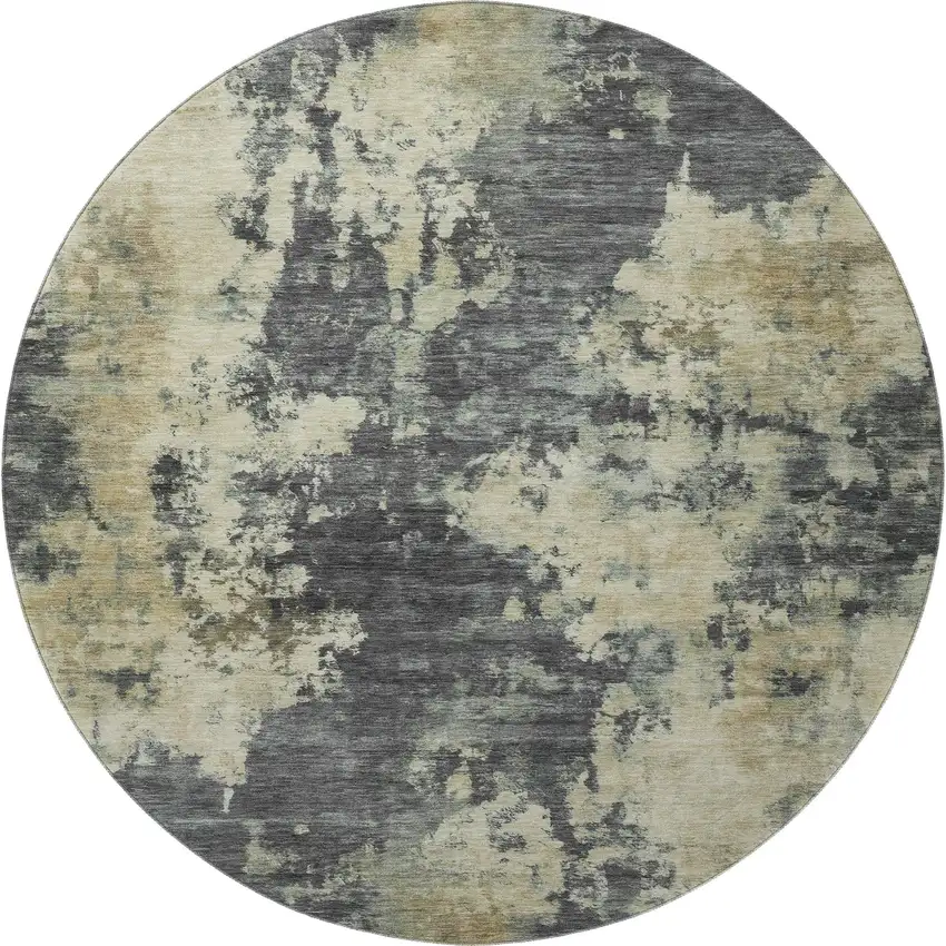 8' Gray And Beige Abstract Washable Round Rug With UV Protection Photo 4