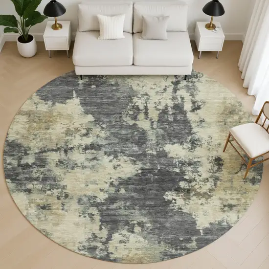 8' Gray And Beige Abstract Washable Round Rug With UV Protection Photo 5