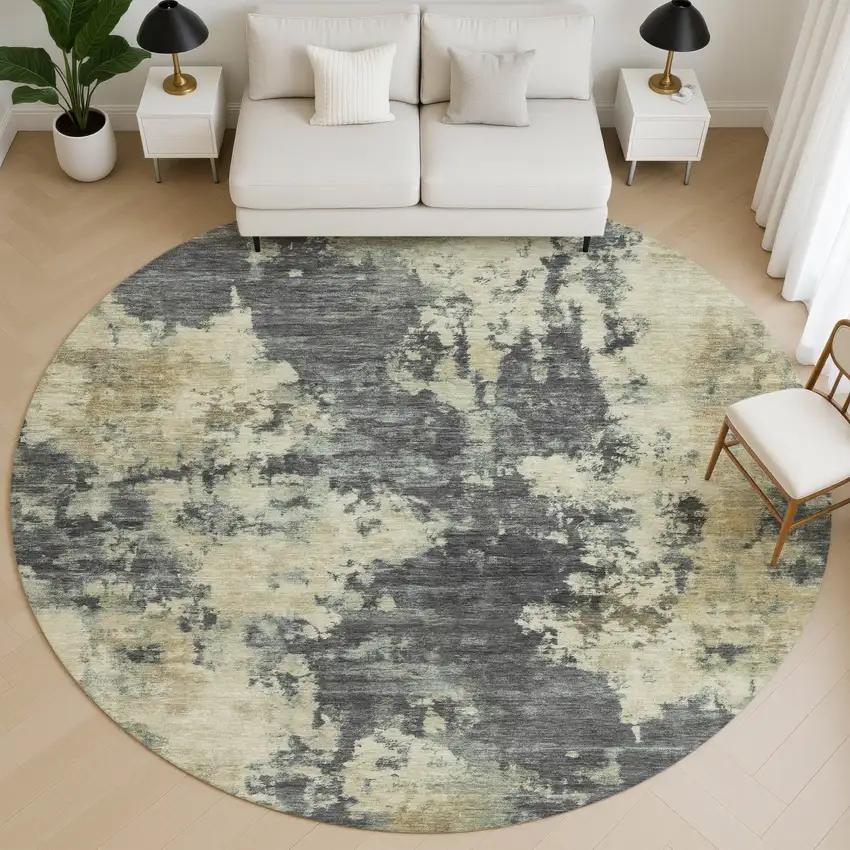 8' Gray And Beige Abstract Washable Round Rug With UV Protection Photo 5