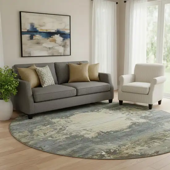8' Gray And Beige Abstract Washable Round Rug With UV Protection Photo 2