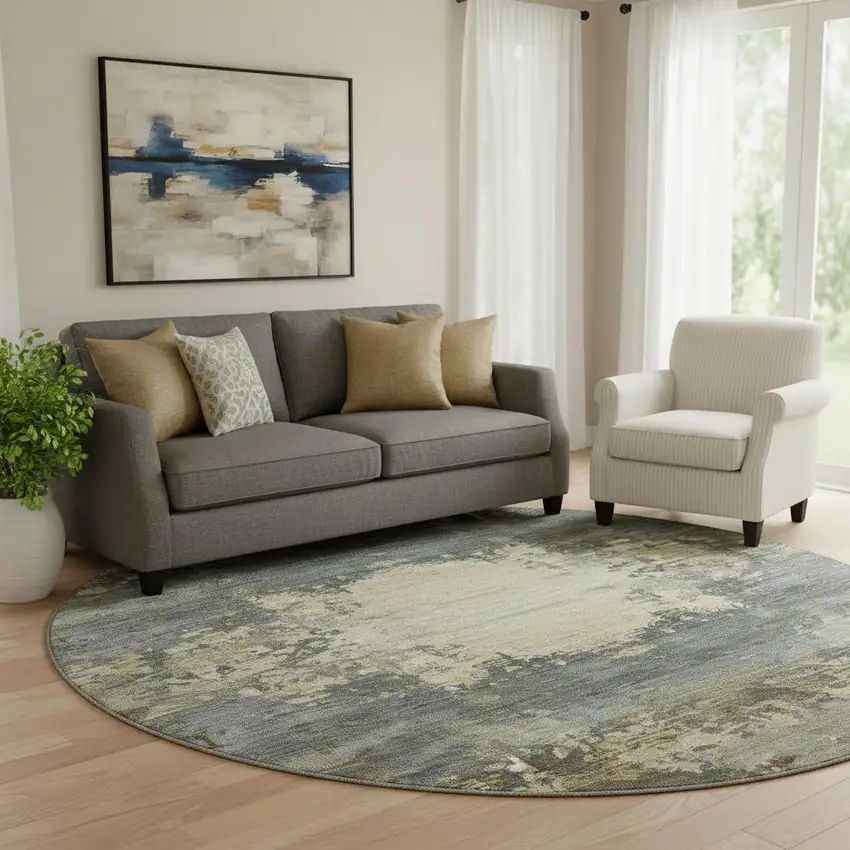 8' Gray And Beige Abstract Washable Round Rug With UV Protection Photo 2