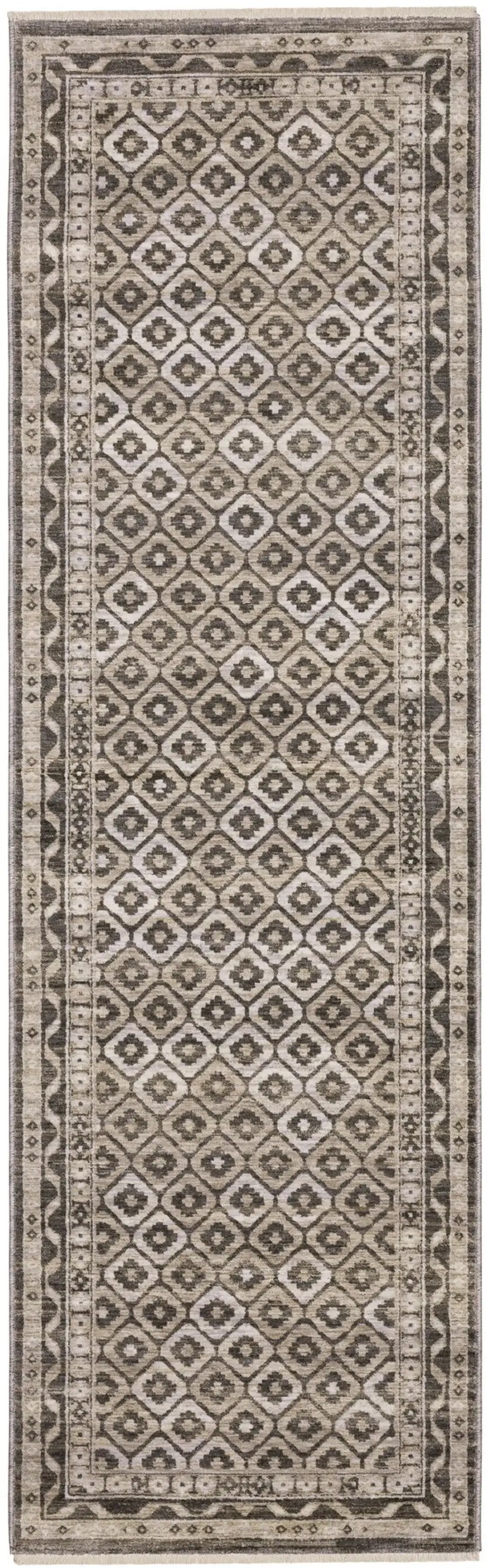 8' Gray And Beige Diamond Runner Rug With Fringe Photo 2