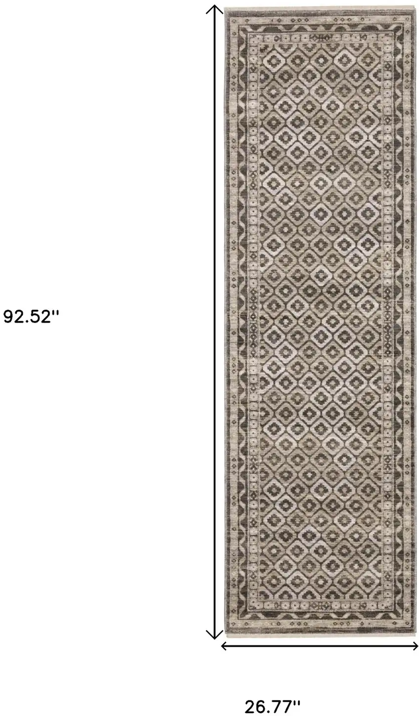 8' Gray And Beige Diamond Runner Rug With Fringe Photo 3