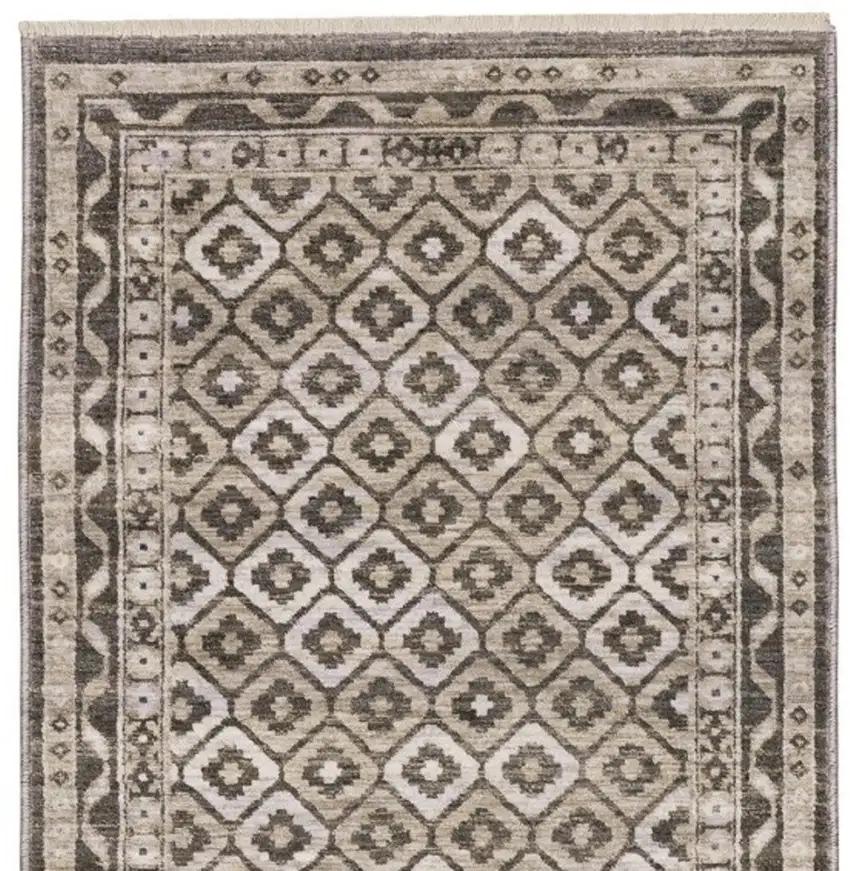8' Gray And Beige Diamond Runner Rug With Fringe Photo 4