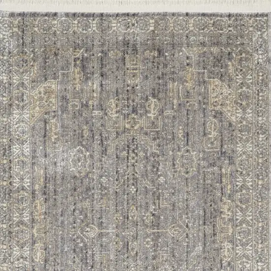 8' Gray And Beige Floral Non Skid Runner Rug With Fringe Photo 7