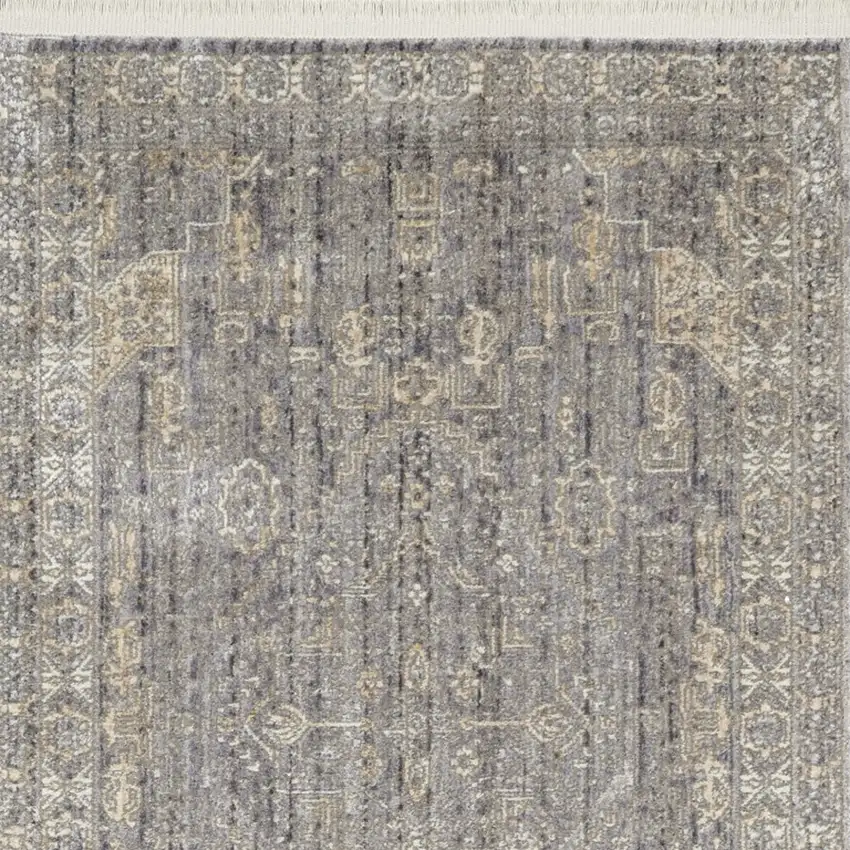 8' Gray And Beige Floral Non Skid Runner Rug With Fringe Photo 7