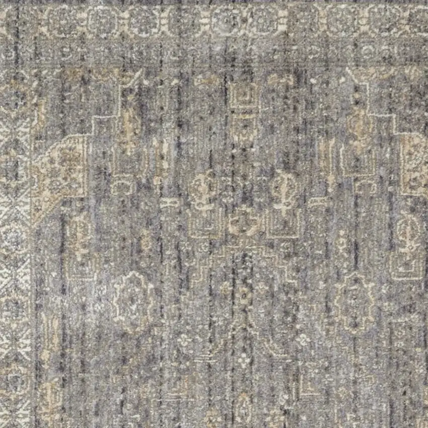 8' Gray And Beige Floral Non Skid Runner Rug With Fringe Photo 3