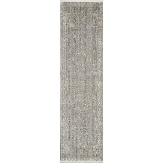 8' Gray And Beige Floral Non Skid Runner Rug With Fringe Photo 2