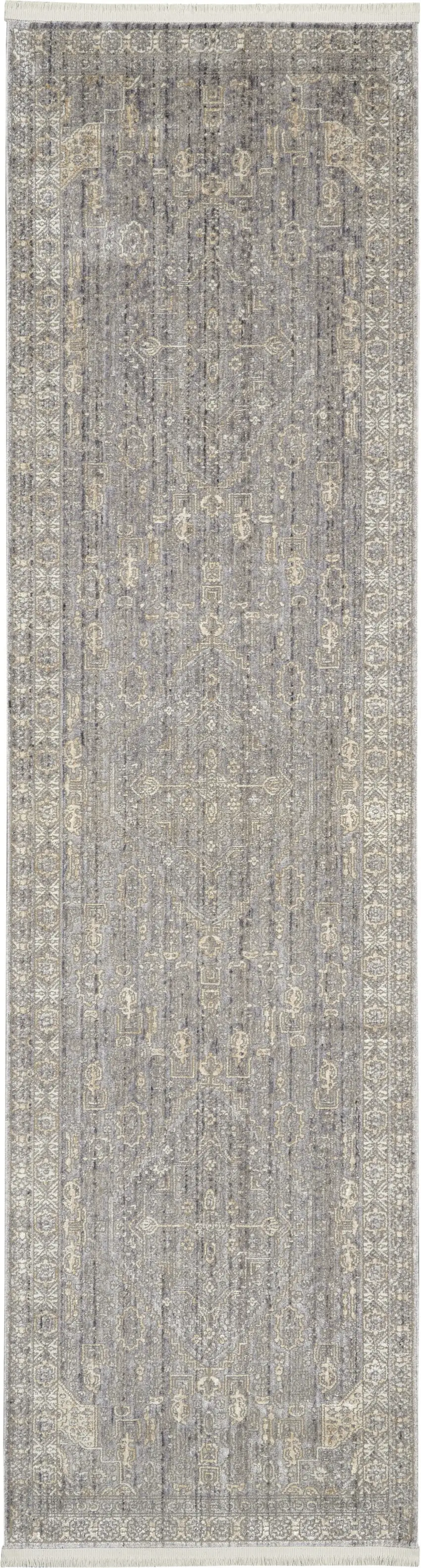 8' Gray And Beige Floral Non Skid Runner Rug With Fringe Photo 2