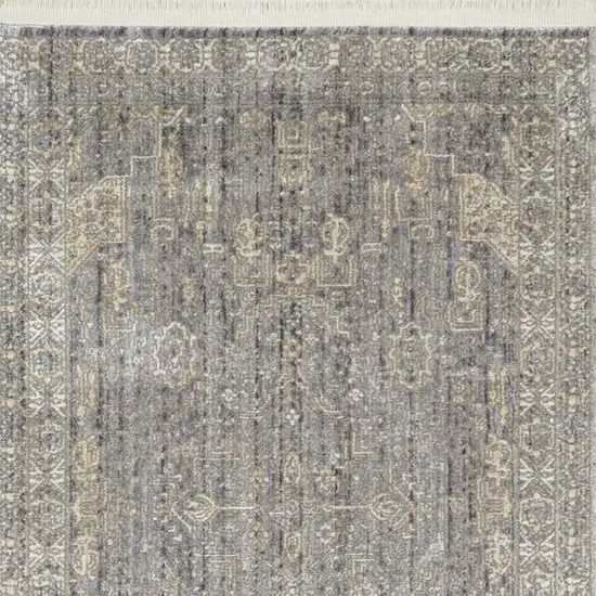 8' Gray And Beige Floral Non Skid Runner Rug With Fringe Photo 4