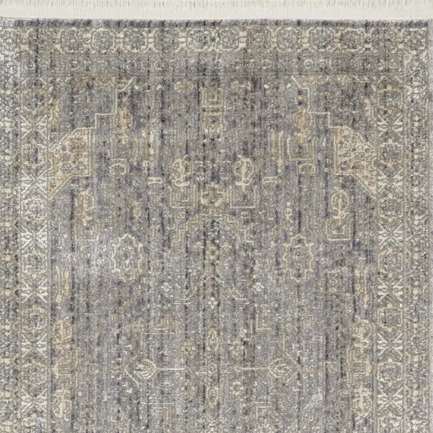 8' Gray And Beige Floral Non Skid Runner Rug With Fringe Photo 4