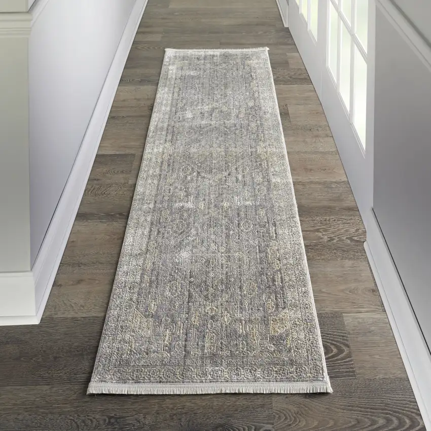 8' Gray And Beige Floral Non Skid Runner Rug With Fringe Photo 5