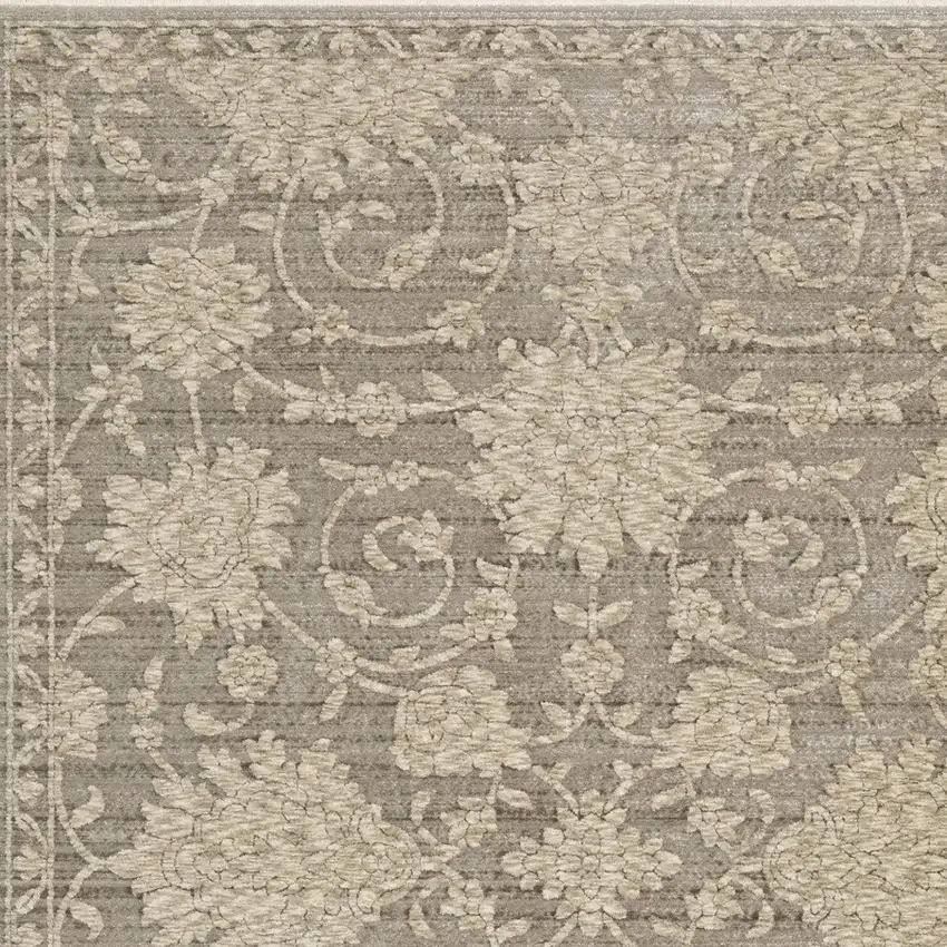 8' Gray And Beige Floral Runner Rug With Fringe Photo 9