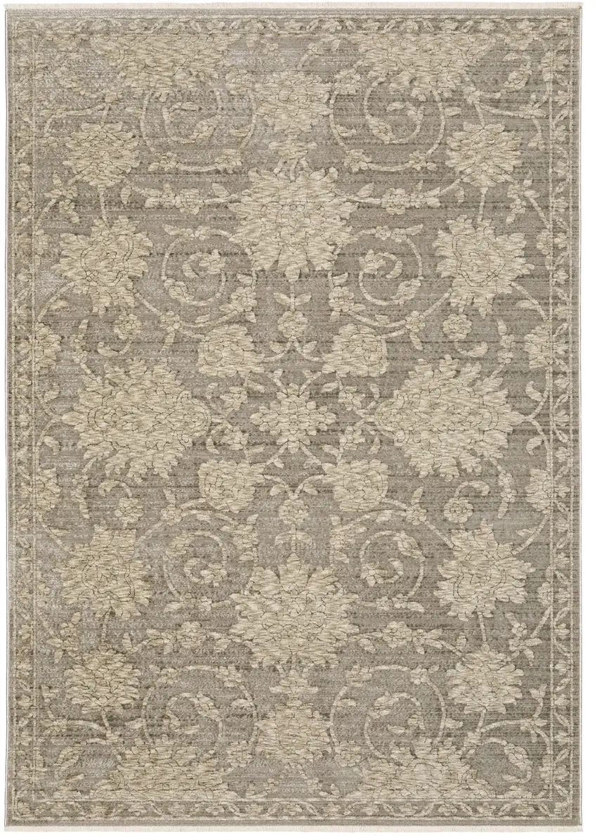 8' Gray And Beige Floral Runner Rug With Fringe Photo 4