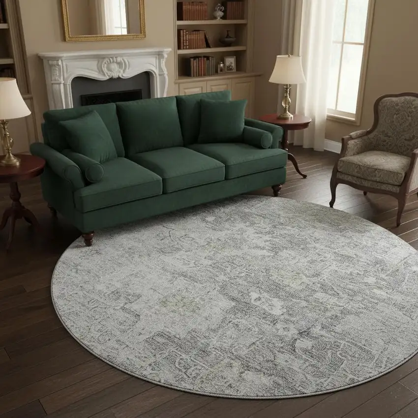 8' Gray And Beige Floral Washable Round Rug With UV Protection Photo 2