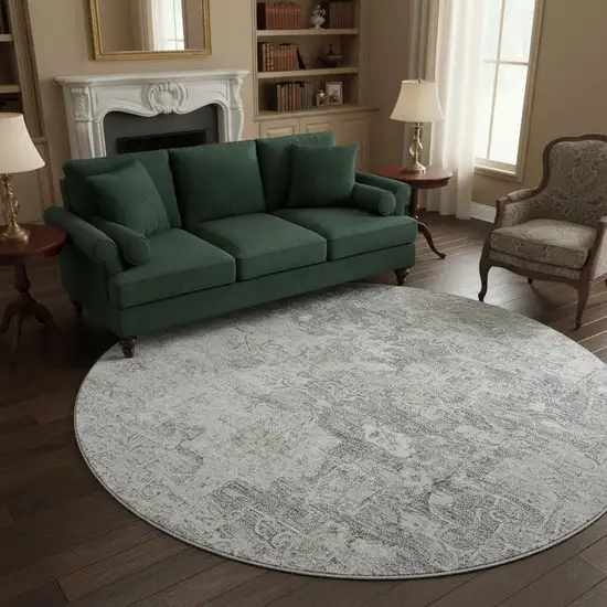 8' Gray And Beige Floral Washable Round Rug With UV Protection Photo 2