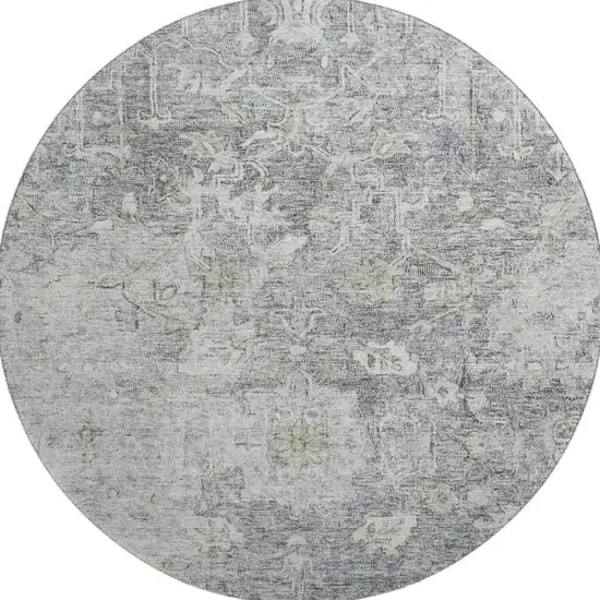 8' Gray And Beige Floral Washable Round Rug With UV Protection Photo 4