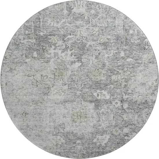 8' Gray And Beige Floral Washable Round Rug With UV Protection Photo 1