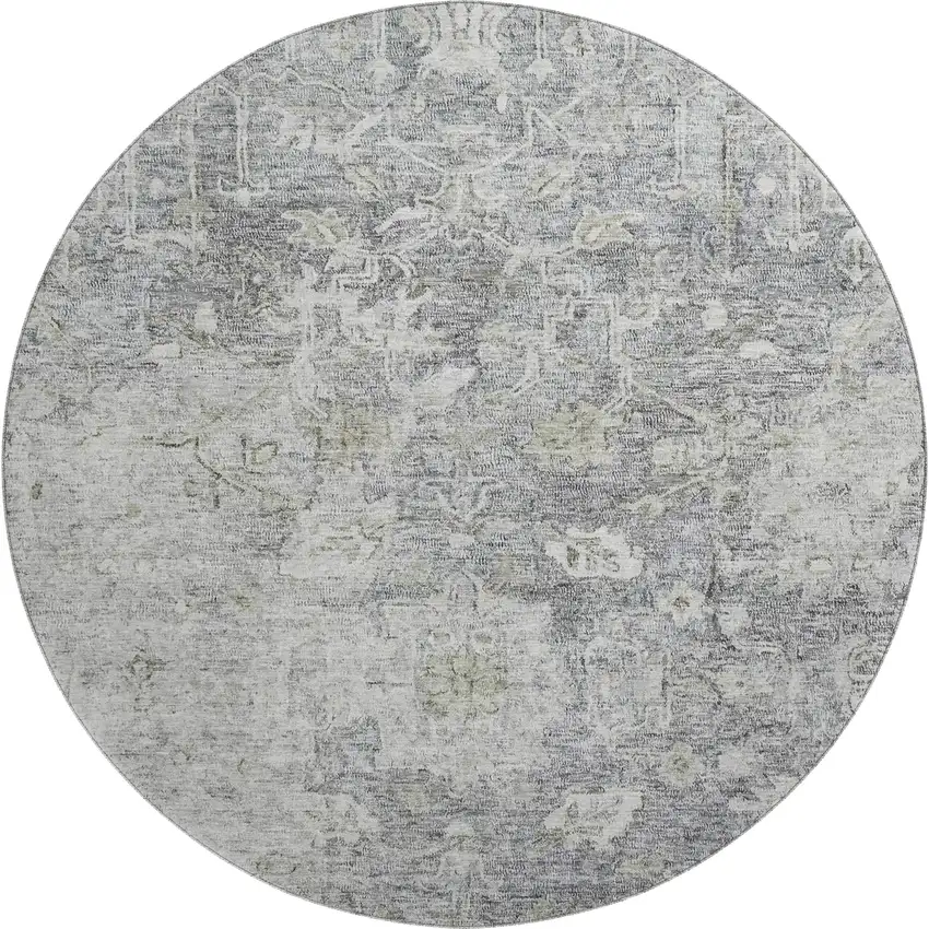 8' Gray And Beige Floral Washable Round Rug With UV Protection Photo 1