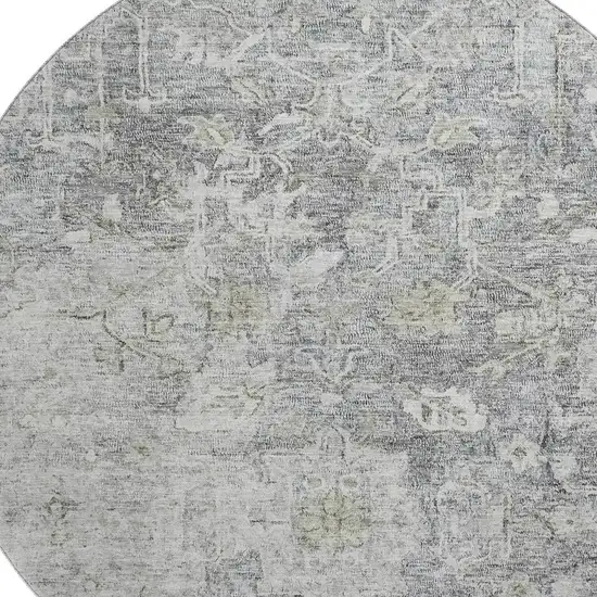 8' Gray And Beige Floral Washable Round Rug With UV Protection Photo 3