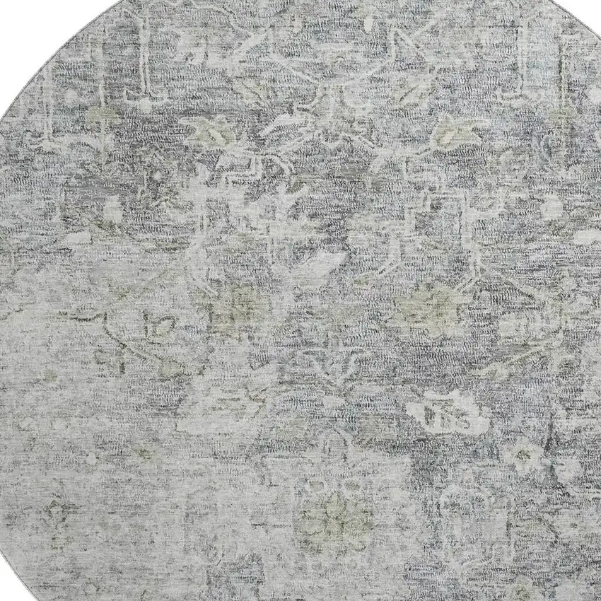 8' Gray And Beige Floral Washable Round Rug With UV Protection Photo 3