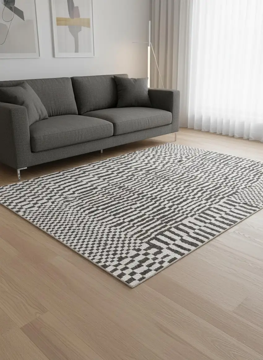 8' Gray And Beige Geometric Berber Washable Round Rug With UV Protection Photo 1