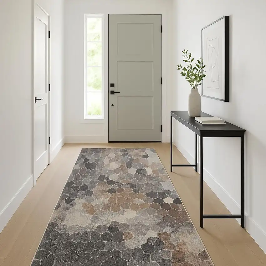 12' Gray And Beige Geometric Runner Rug Photo 1