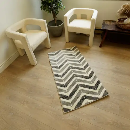 9' Gray And Beige Geometric Runner Rug Photo 5