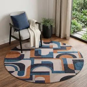 Photo of 5' Gray And Beige Geometric ,Washable, Non Skid Round Rug