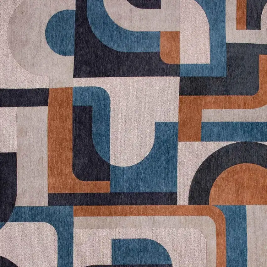 5' Gray And Beige Geometric ,Washable, Non Skid Round Rug Photo 3
