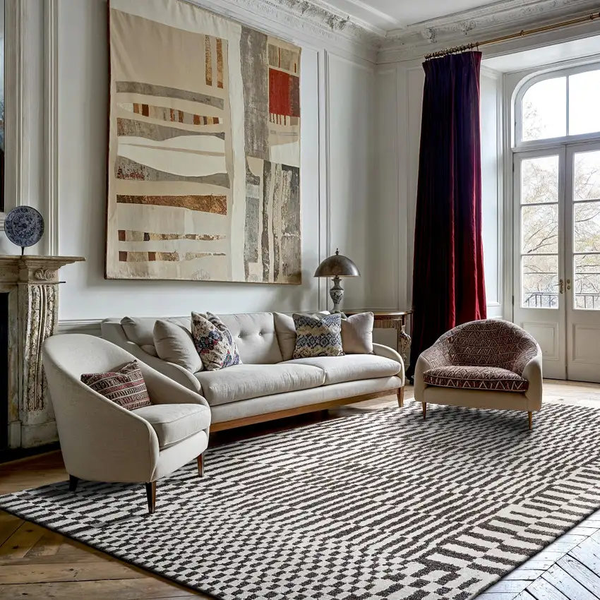 5' Gray And Beige Geometric Washable Round Rug With UV Protection Photo 5