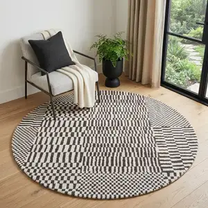 Photo of 5' Gray And Beige Geometric Washable Round Rug With UV Protection