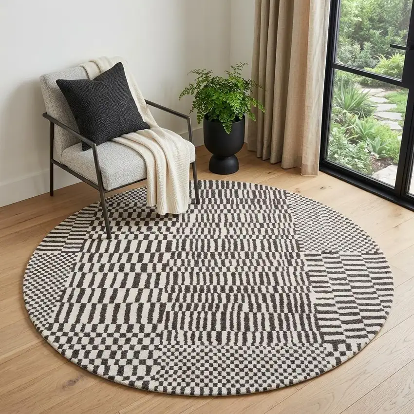 5' Gray And Beige Geometric Washable Round Rug With UV Protection Photo 1