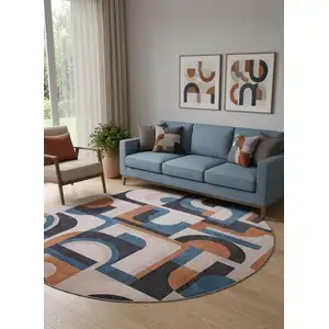 Photo of 8' Gray And Beige Geometric Washable Round Rug