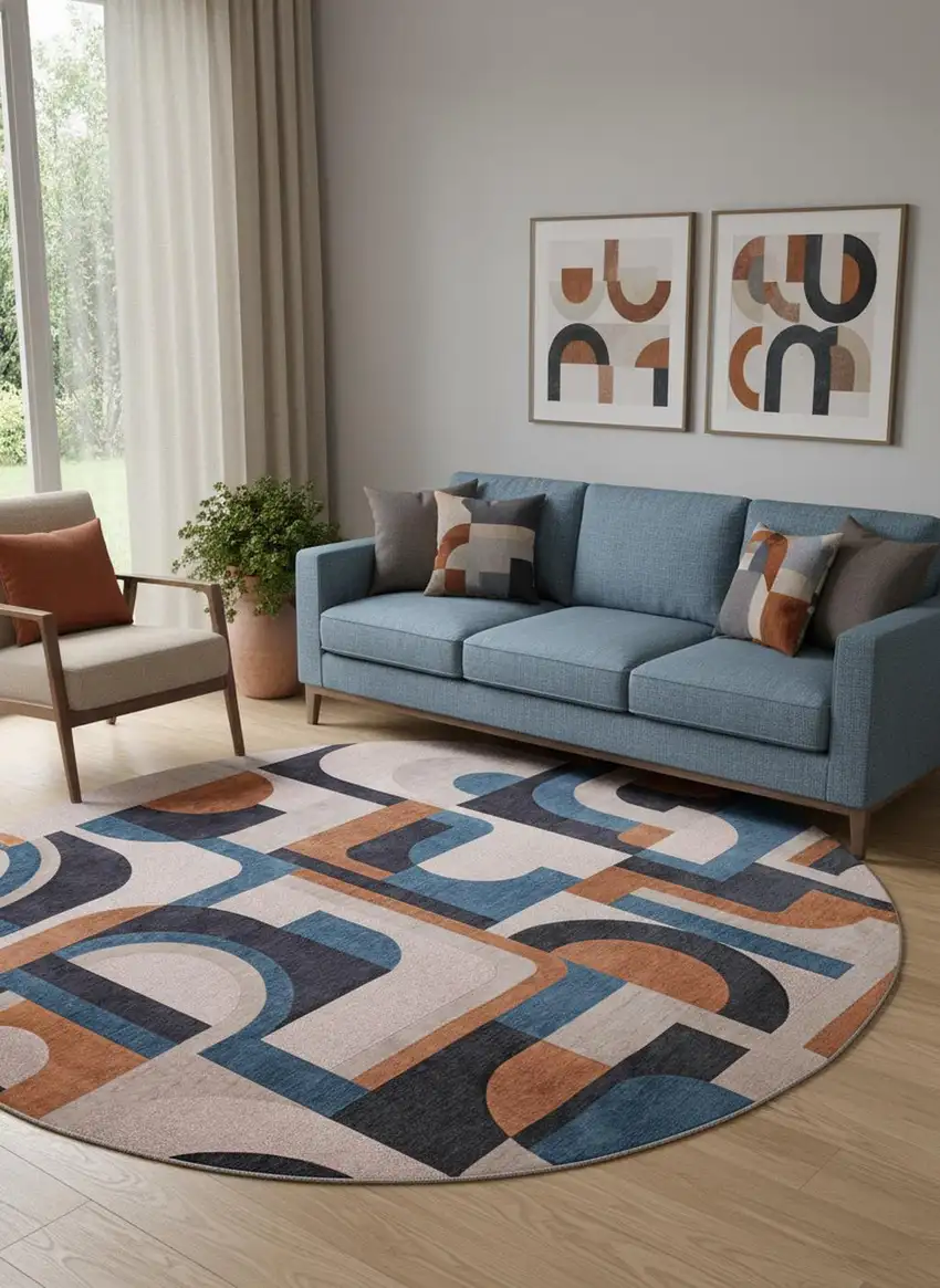 8' Gray And Beige Geometric Washable Round Rug Photo 1