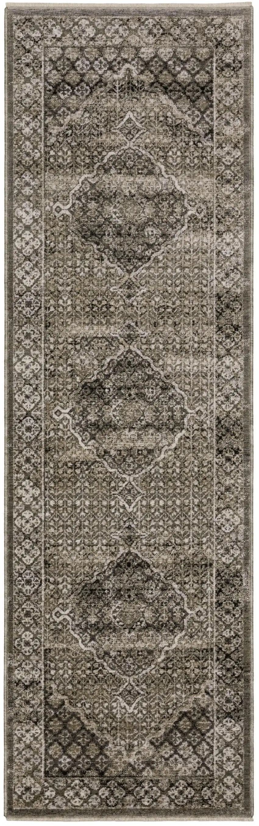 8' Gray And Beige Medallion Runner Rug With Fringe Photo 4