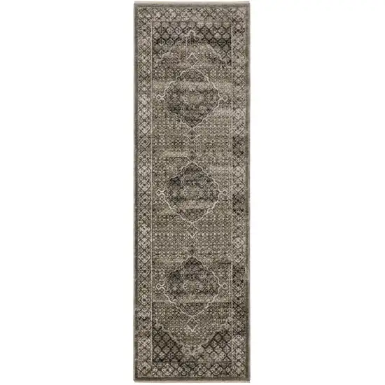 8' Gray And Beige Medallion Runner Rug With Fringe Photo 4