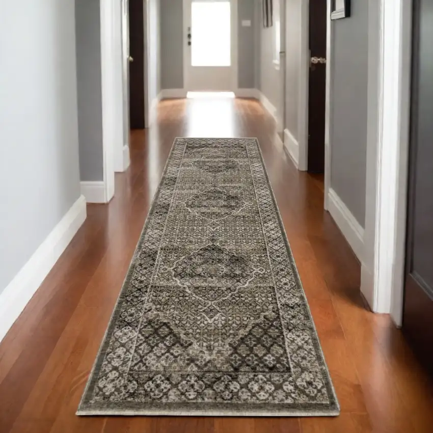 8' Gray And Beige Medallion Runner Rug With Fringe Photo 1